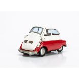 A Bandai Tinplate Friction Drive BMW Isetta 300, red and white body, detailed tinprinted