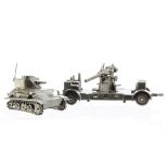 Dinky Toys 152a Light Tank, 161b Anti-Aircraft Gun On Trailer, both in olive drab finish, G-VG (2)