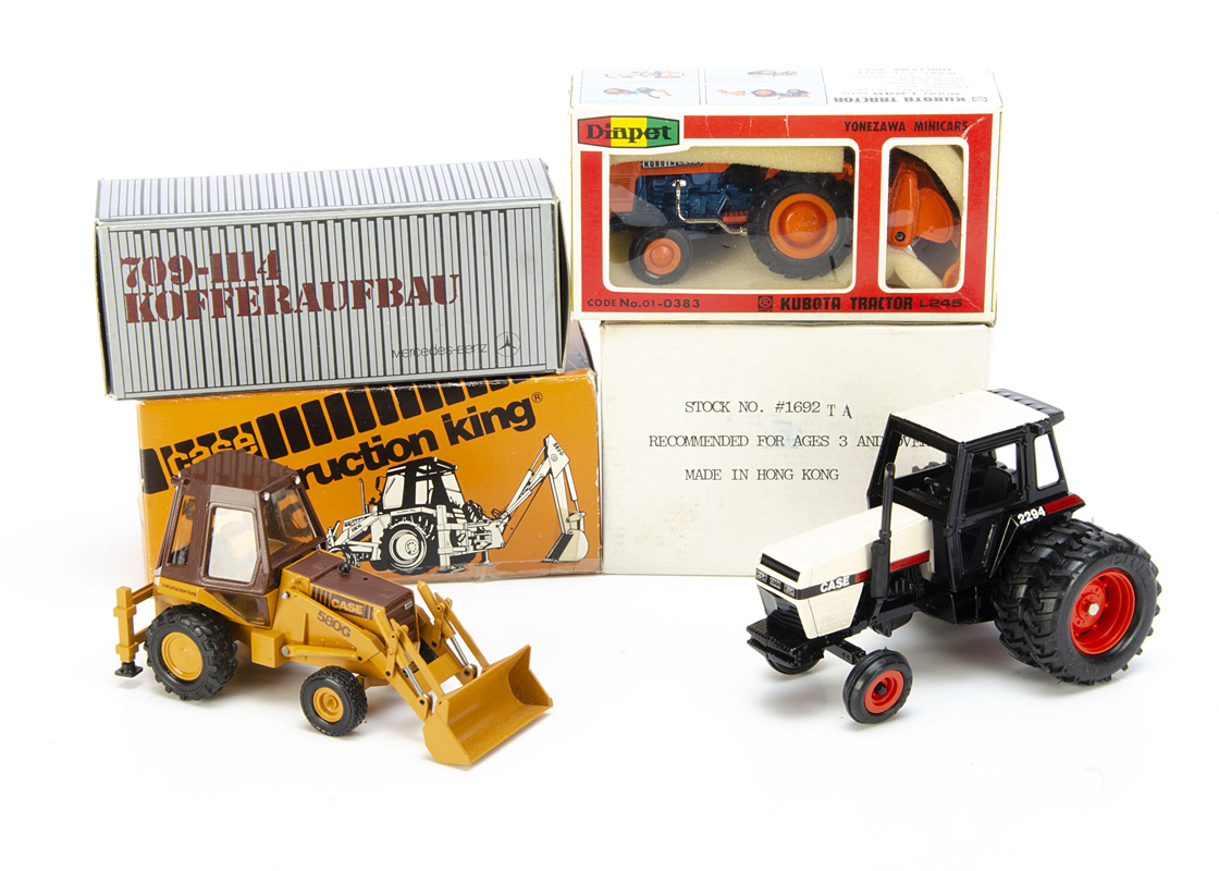 Various Diecast, NZG Mercedes-Benz 709-1114 Box Truck, Conrad Case 580G Backhoe No.2931, Yonezawa