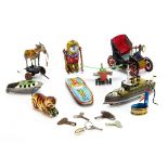 Collection of nine vintage and modern small tinplate toys, TM Modern Toys Veteran car with pull back