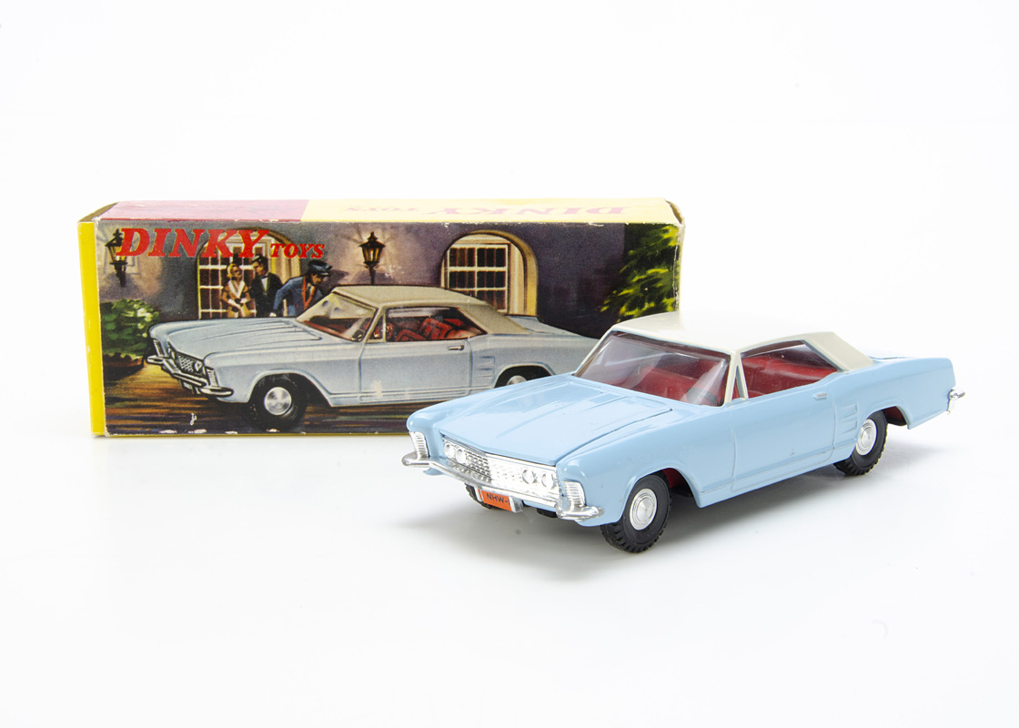 Hong Kong Dinky Toys 57-001 Buick Riviera, light blue body, cream roof, red interior, cast wheels,