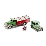 Tri-ang Minic 32M Dust Cart, green cab, red back, 1M £100 Ford Saloon, pale green body, black