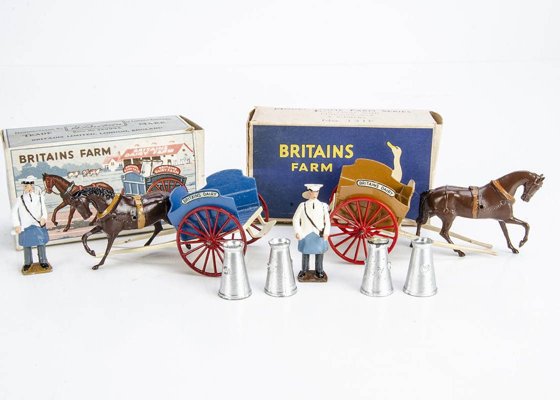 Britains boxed post WW2 version 131F Milk Float with Milkman and 2 Churns, 2 different boxes,