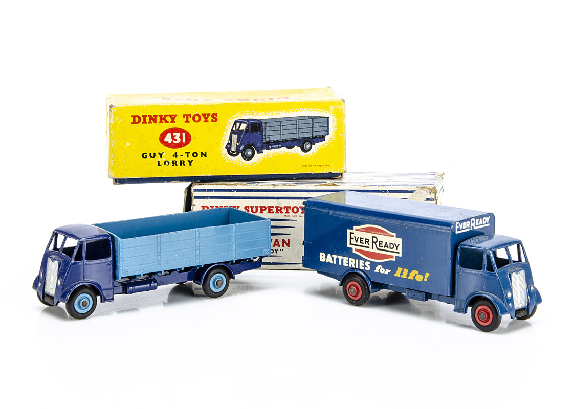 Dinky Supertoys 918 'Ever Ready' Guy Van, 2nd type blue cab/body, red grooved hubs, 431 Guy 4-Ton