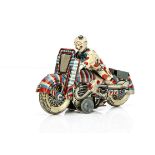 A Mettoy Tinplate Clockwork Clown Motorcycle, detailed tinprinted motorcycle with Clown rider, '