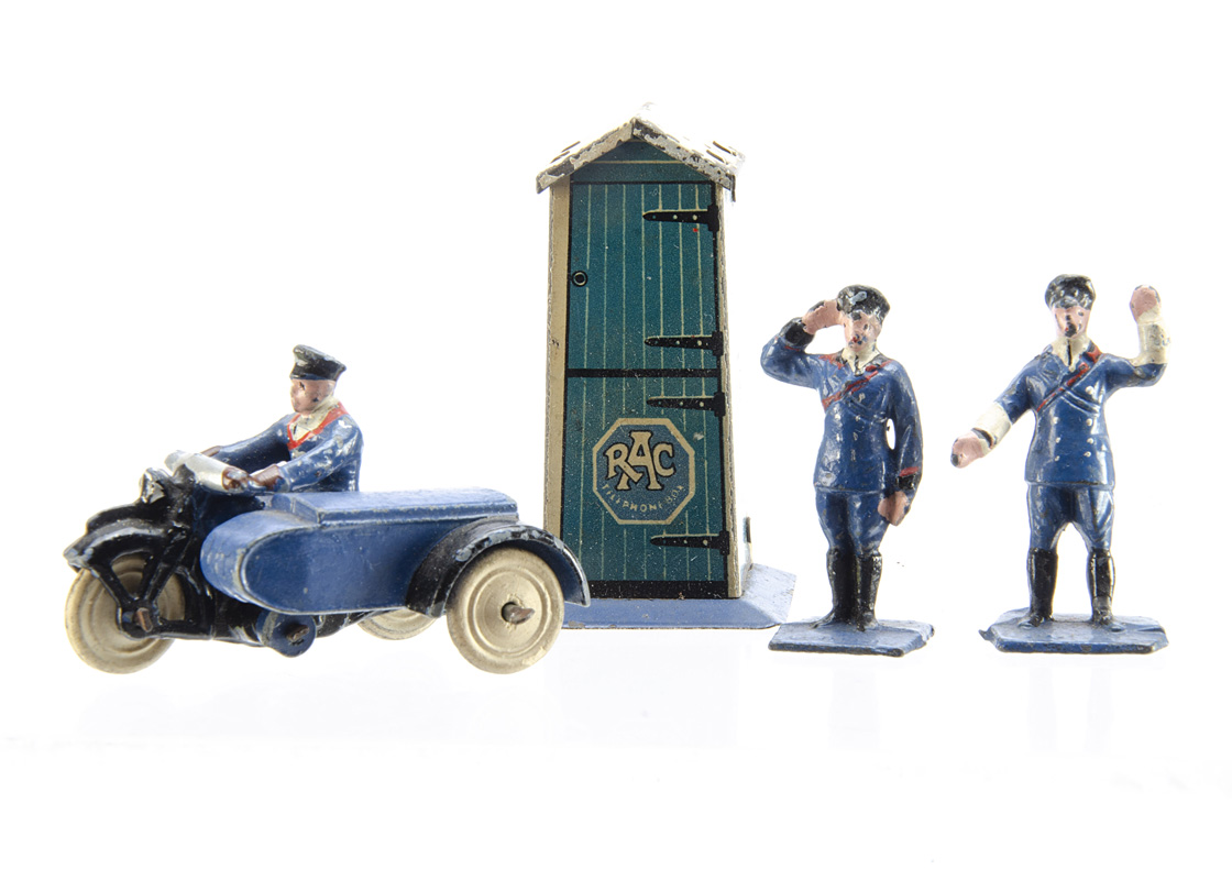 Pre-War Dinky Toys 43 R.A.C Set, comprising 43a RAC Box, 43b RAC Motorcycle Patrol, 43c RAC Guide