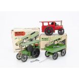 A Tri-ang Minic 54M Tinplate Clockwork Traction Engine & Trailer, red engine, green trailer, 44M