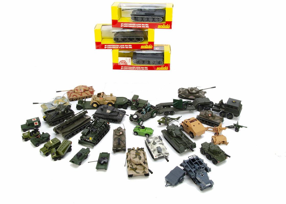 Various Military Diecast, including Solido PzKpfw Panther, Sherman M4 A3, PzKpfw Tiger I, in