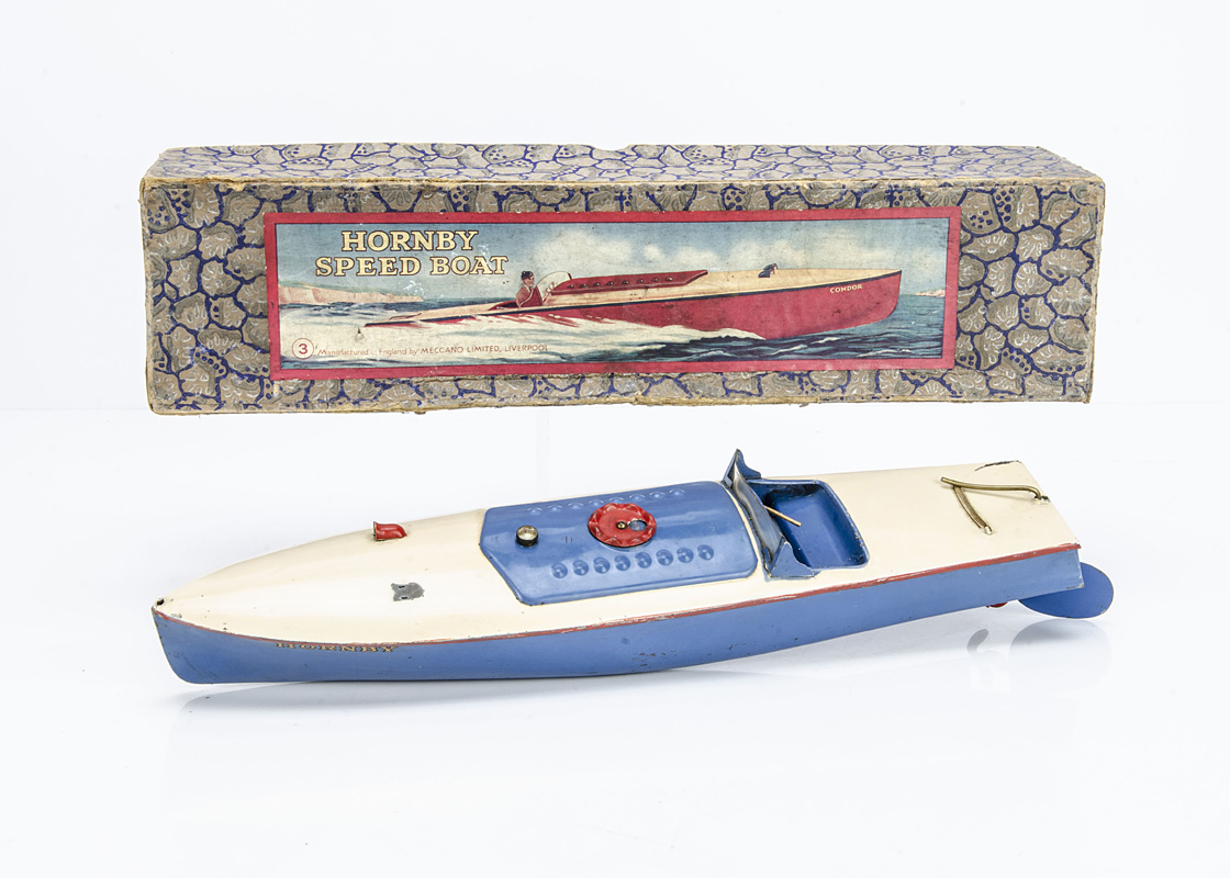 A Hornby Tinplate Clockwork Speed Boat No.3, with blue hull, white deck, 'Hornby' lettering in