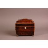 An early Victorian burr walnut and satinwood tea caddy, 19.5cm wide, with dual compartment