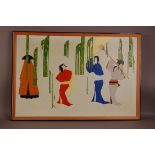 A 1970s Japanese style oil on canvas, with four Japanese figures, monogrammed, dated, titled, Path