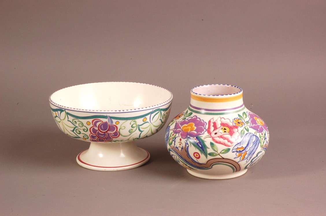 Two mid 20th century Poole Pottery studio items, one footed bowl, 21.5cm, and a vase, 14cm (2)