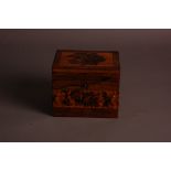 A Victorian period Tunbridge Ware tea caddy, rectangular, 14cm wide, with internal cover and lead