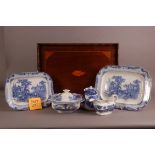 A large selection of early 20th century and later blue and white pottery table ware and a mahogany