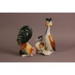 Two Karl ENS porcelain bird figures, including a pair of crested grebes, 29cm, and a rooster, 24cm