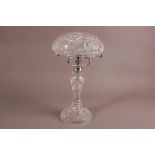An Art Deco period cut glass table lamp, 45cm, mushroom form in two sections