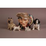 A large Royal Doulton pottery character mug of The Poacher, together with two sylvac dogs, a Beswick