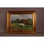Rudolf Bissen (1846 - 1911), 44cm by 63cm, oil on canvas, Landscape with Thatched Cottage,