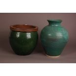 Two modern ceramic items, including a sea green stoneware vase, marked R to base, 34cm, and a