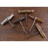 Five twisted wire straight pull corkscrews, four with wooden handles, one with metal handle, all
