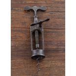 An English 19th Century all steel rack and pinion corkscrew, matching steel side handle, 20cm with