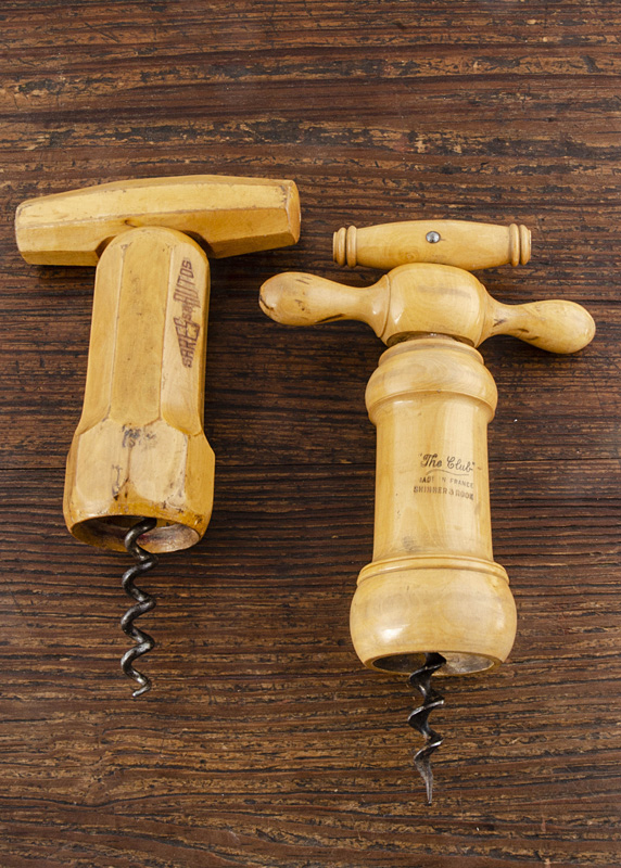 Four French mechanical wooden barrel corkscrews, two boxwood marked 'The Club' made in France, one