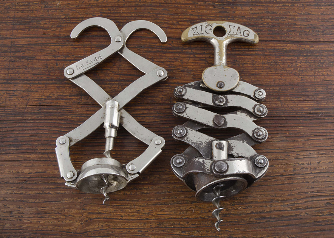 Four French 20th Century compound lever corkscrews, an early plated Zig Zag Le Kidd L'éclair from