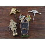 Four direct pull figural corkscrews, two comedy and tragedy, one in brass the other in pewter,