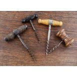 Eight French 20th Century direct pull corkscrews, various boxwood and hardwood examples, five ribbed