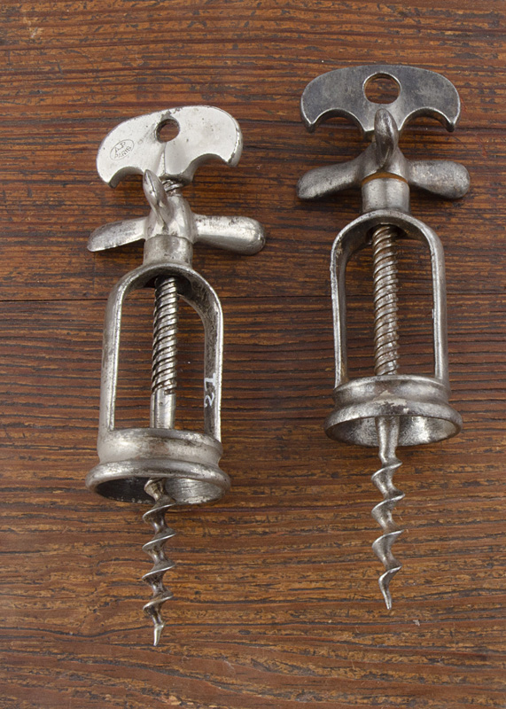 Four French 20th Century all steel mechanical corkscrews, one rack and pinion marked Modele Depose