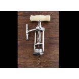 An English plated 19th Century two column narrow rack and pinion corkscrew with bone handle and