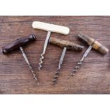 Eight straight pull corkscrews, wooden and bone handles, marked 'Hedges & Butler Ltd' on the