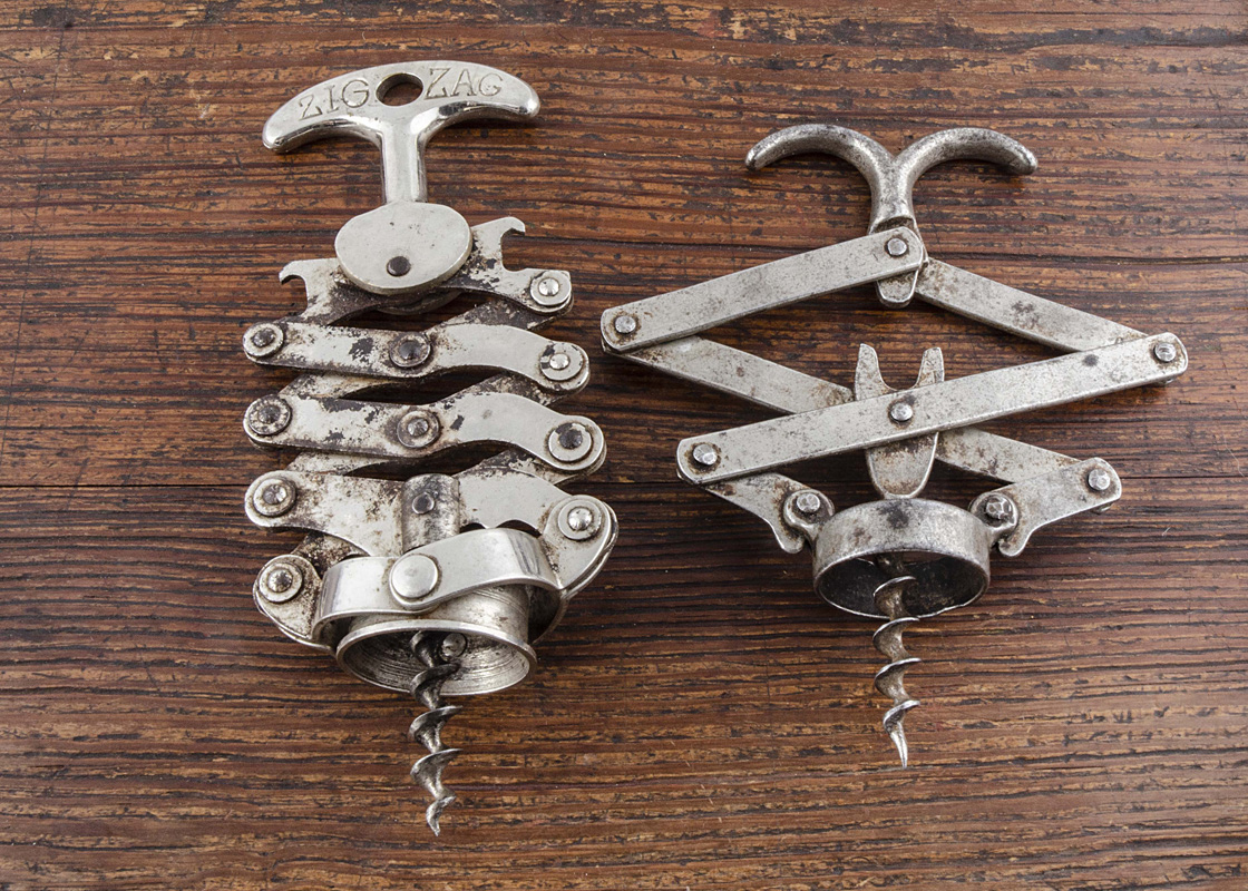 Four French compound lever corkscrews, a circa 1942 tin Zig Zag marked Bte sgdg Le Polichinelle, a - Image 2 of 2