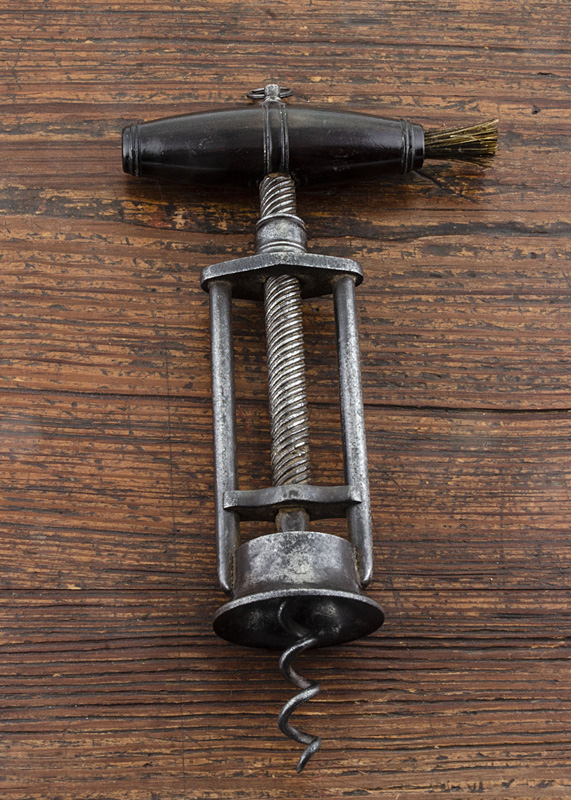 An English 19th Century steel two pillar corkscrew, fine threaded shaft, with barrel shape - Image 2 of 2