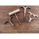 Nine metal direct pull corkscrews, including a 'Willetts & Coneys ltd', a worm marked 'Lund-patentee