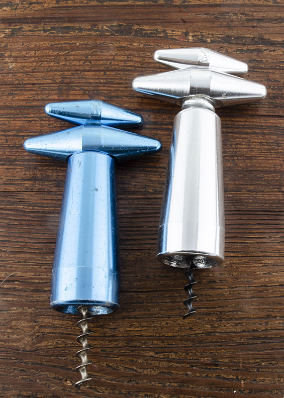 Four aluminium 'Valezina' corkscrews, circa 1949 British Reg Design with different anodised coloured