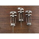 Three early 20th Century Perille flynut menageres corkscrews, all marked with JP trademark and one
