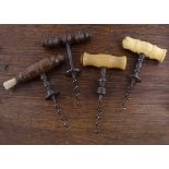 Four English 19th Century Henshall type corkscrews, one with turned bone and one with turned