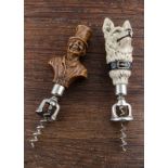 Two American 1930s figural corkscrews, with cap lifter, a painted SyrocoWood police dog and a