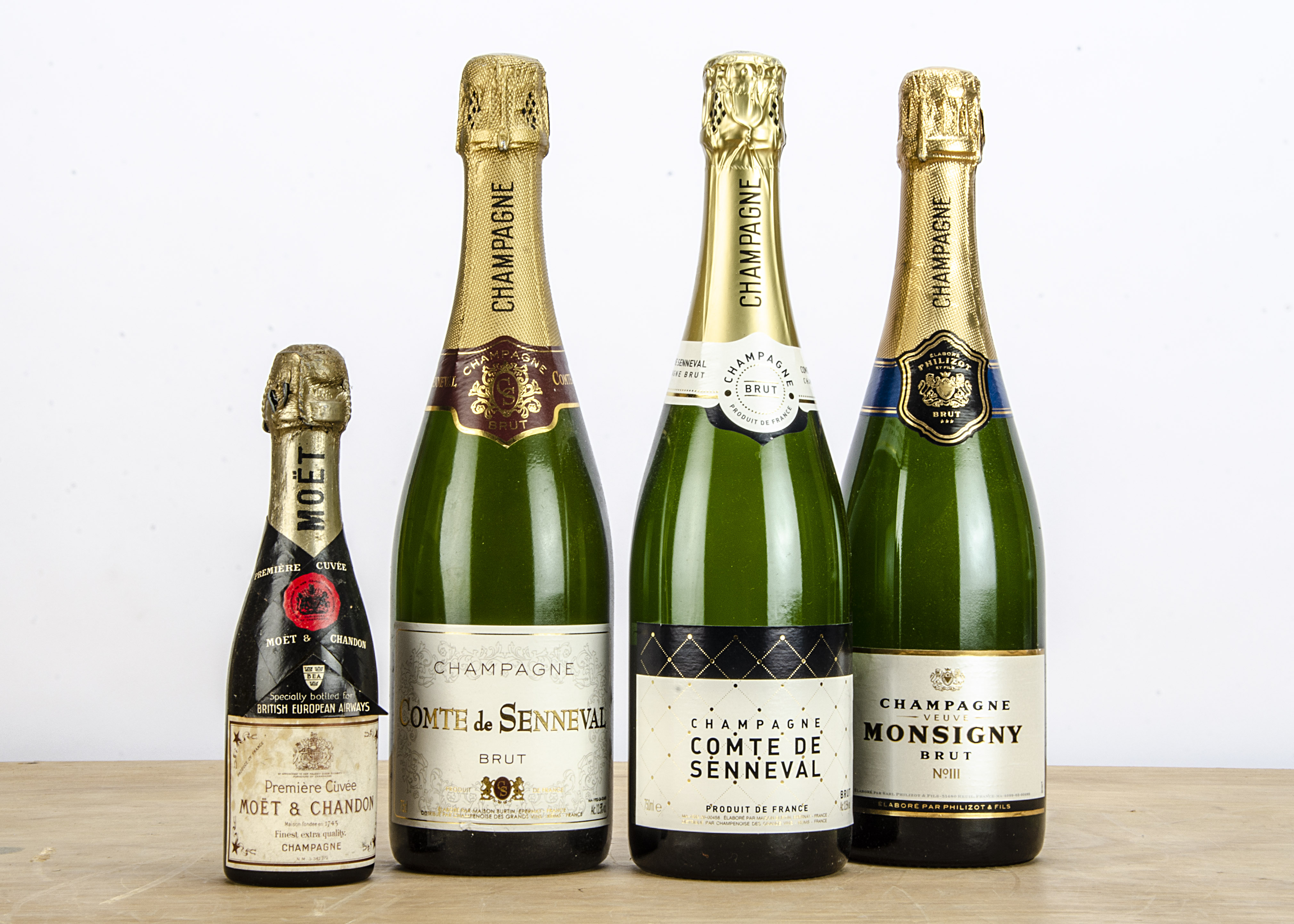 Three bottles of champagne, to include Monsigny Brut, 2 x Comte de Senneval and a miniature Moet &