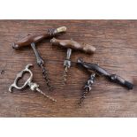 Four English late 19th Century direct pull corkscrews with grips or claws, three direct pulls with