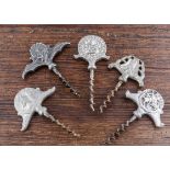 A collection of five pewter Swedish figural corkscrews, designed by Swedish designer CA Persson