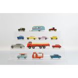 Eleven unboxed Tri-ang Spot On diecast model vehicles, including 112 Jensen in lilac, 122 Milk