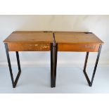 Two vintage wooden School Desks, with lift up lids and metal frames, one marked '1955' to the