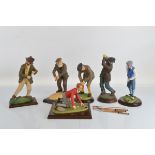 Five Fairweather Collection golfing figures, resin figures by D. Fairweather, all with wooden bases.