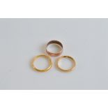 Three wedding bands, comprising two 22ct gold 6g, ring size M and K, together with a 9ct gold