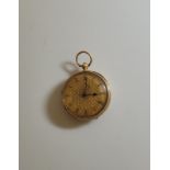 An 18ct gold open faced pocket watch, with textured dial, Roman numerals, engraved case with open