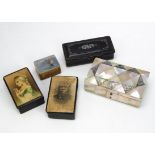 Five Victorian and later boxes, including three snuff boxes in papier mache, a small stamp box and a
