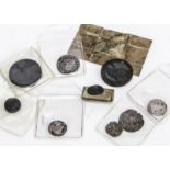 An interesting group of antique British coins, including two small Roman examples, an Elizabeth I