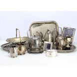 Two boxes of silver plated items, including a five piece plated tea set with biscuit barrel,